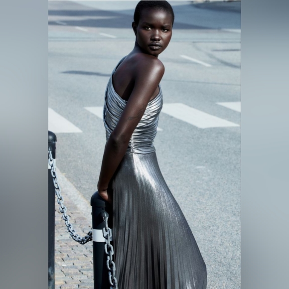 BNWT H&M Metallic-Coated Draped One-Shoulder Pleated Jersey Dress Silver Sz S, L - Picture 4 of 9